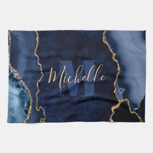 Navy Blue & Gold Glitzer Marble Agate Monogram Geschirrtuch