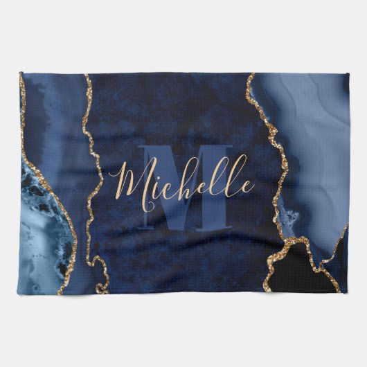 Navy Blue & Gold Glitzer Marble Agate Monogram Geschirrtuch (Horizontal)