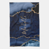 Navy Blue & Gold Glitzer Marble Agate Monogram Geschirrtuch (Vertikal)