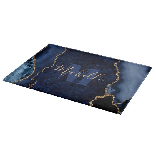 Navy Blue & Gold Glitzer Marble Agate Monogram Schneidebrett (Ecke)