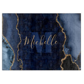Navy Blue & Gold Glitzer Marble Agate Monogram Schneidebrett (Vorderseite)