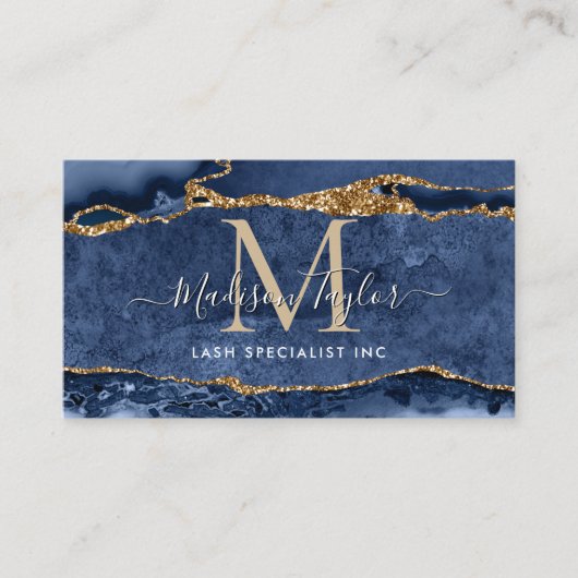 Navy Blue Gold Glitzer Marble Agate Monogram Visitenkarte (Vorderseite)