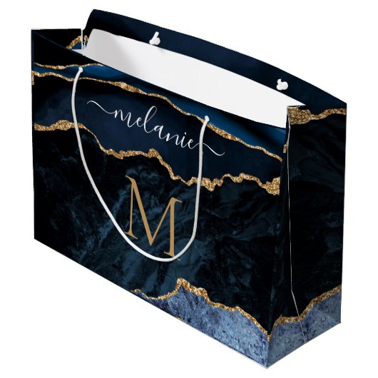 Navy Blue Gold Glitzer Monogram Your Name Gift Bag Große Geschenktüte (Rückseite Schrägansicht)