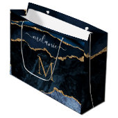Navy Blue Gold Glitzer Monogram Your Name Gift Bag Große Geschenktüte (Vorderseite Schrägansicht)