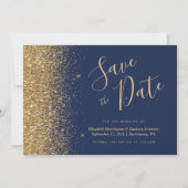 Navy Blue Gold Glitzer Script Save the Date Einladung (Vorderseite)