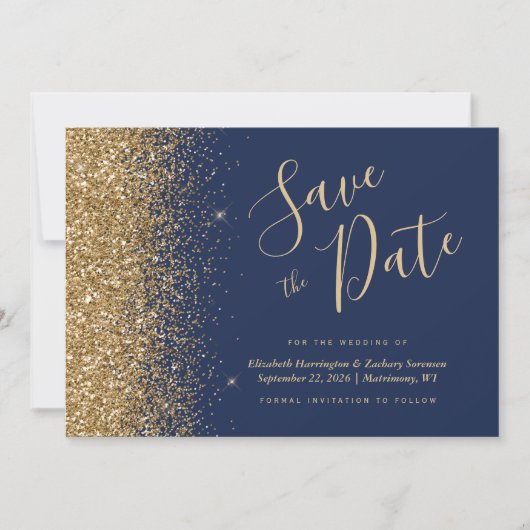 Navy Blue Gold Glitzer Script Save the Date Einladung (Vorderseite)
