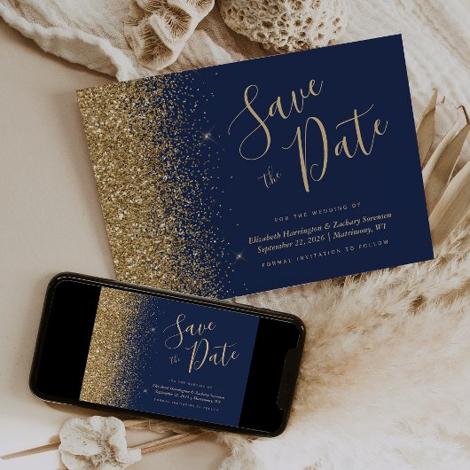 Navy Blue Gold Glitzer Script Save the Date Einladung