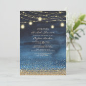 Navy Blue Gold Glitzer String Light Brautparty Einladung (Stehend Vorderseite)