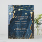 Navy Blue Gold Glitzer String Lights Quinceñera Einladung (Stehend Vorderseite)
