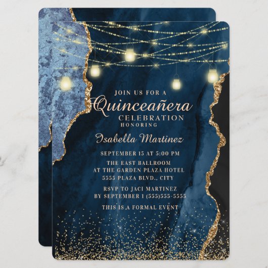 Navy Blue Gold Glitzer String Lights Quinceñera Einladung (Vorne/Hinten)