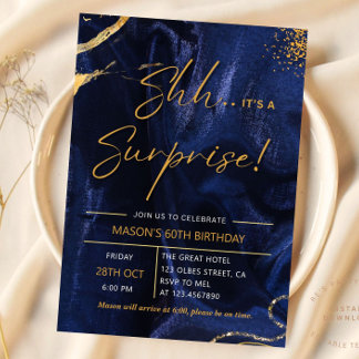 Navy Blue Gold Glitzer Überraschung 60. Geburtstag Einladung