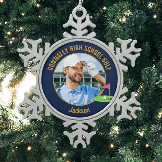 Navy Blue Gold Golfer Photo High School Golf Team Schneeflocken Zinn-Ornament