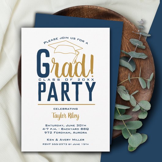 Navy Blue & Gold Graduation Party Einladung