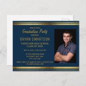Navy Blue Gold Graduation Party Foto Postkarte (Vorne/Hinten)
