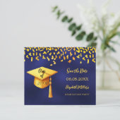 Navy Blue Gold Graduation Party Save the Date Kart (Stehend Vorderseite)