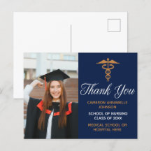Navy Blue Gold Graduation Photo Medical Thank You