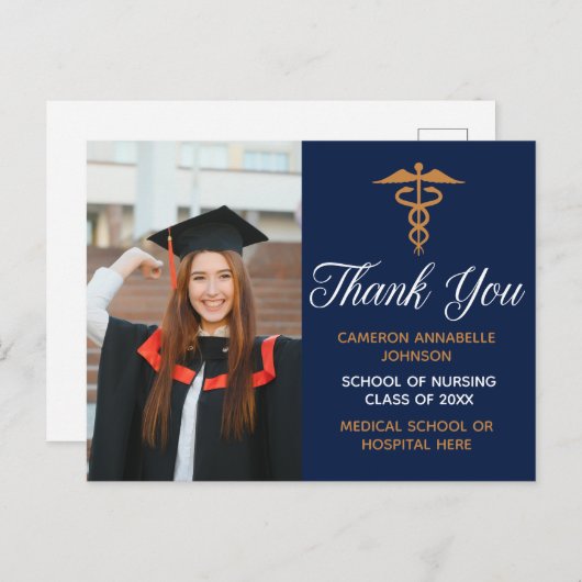 Navy Blue Gold Graduation Photo Medical Thank You Postkarte (Vorne/Hinten)