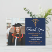Navy Blue Gold Graduation Photo Nurse or Doctor Dankeskarte (Stehend Vorderseite)
