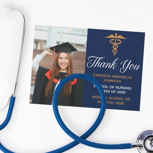 Navy Blue Gold Graduation Photo Nurse or Doctor Dankeskarte