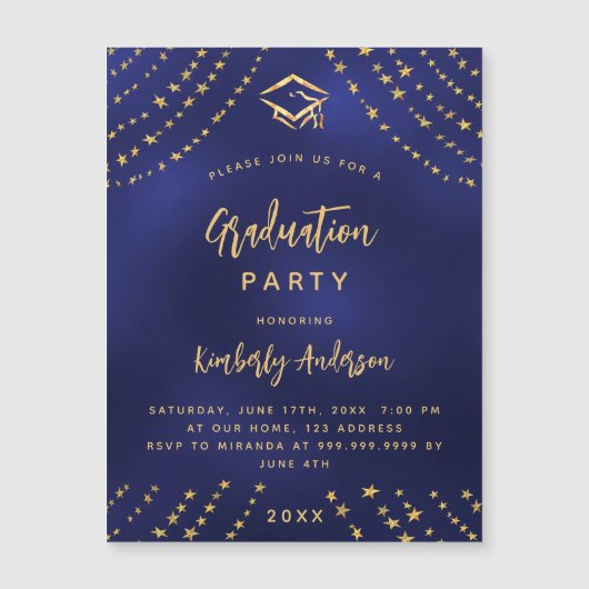 Navy Blue Gold Graduierungsparty Moderner Luxus Magneteinladung (Vorderseite)