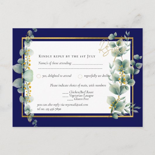 NAVY BLUE GOLD Greenery Eucalyptus Wedding RSVP Postkarte (Vorderseite)