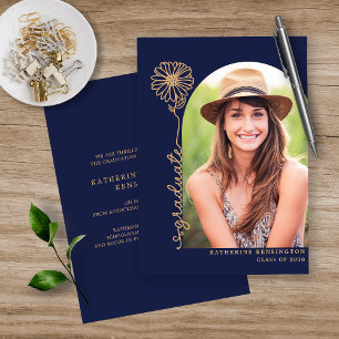 Navy Blue Gold Handgeschriebener Foto Abschluss Folieneinladung
