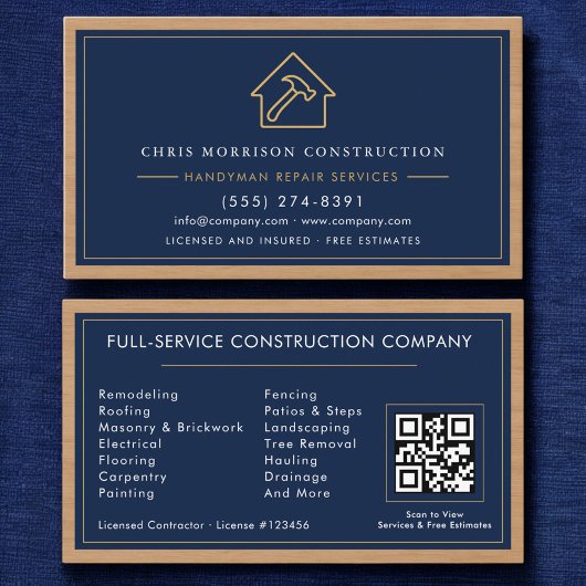 Navy Blue Gold Handyman Wood QR Code Construction Visitenkarte
