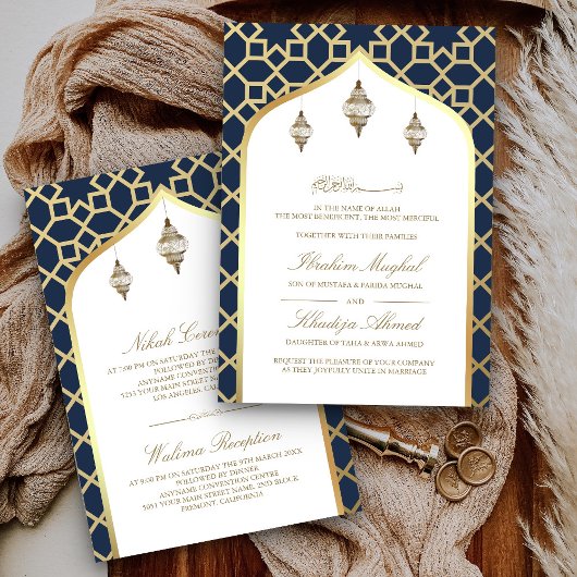 Navy Blue Gold Hanging Lanterns Muslime Hochzeit Einladung