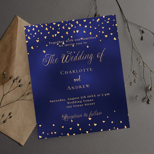 Navy Blue Gold Herz Budget Einladung Hochzeit Flyer