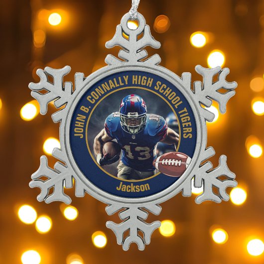 Navy Blue Gold High School Football Player Photo Schneeflocken Zinn-Ornament