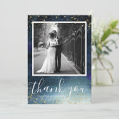 Navy Blue Gold Hochzeit Foto Danke Karte (Stehend Vorderseite)