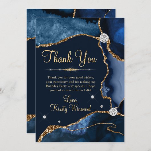 Navy Blue & Gold Imitats Glitzer Agate Birthday Dankeskarte (Vorne/Hinten)