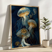 Navy Blue& Gold Jellyfish Kintsugi Ink Art Ocean Poster
