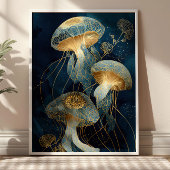 Navy Blue& Gold Jellyfish Kintsugi Ink Art Ocean Poster