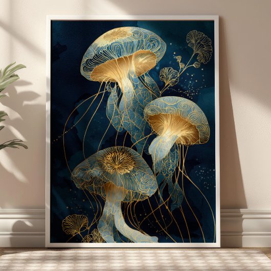 Navy Blue& Gold Jellyfish Kintsugi Ink Art Ocean Poster
