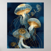 Navy Blue& Gold Jellyfish Kintsugi Ink Art Ocean Poster (Vorne)