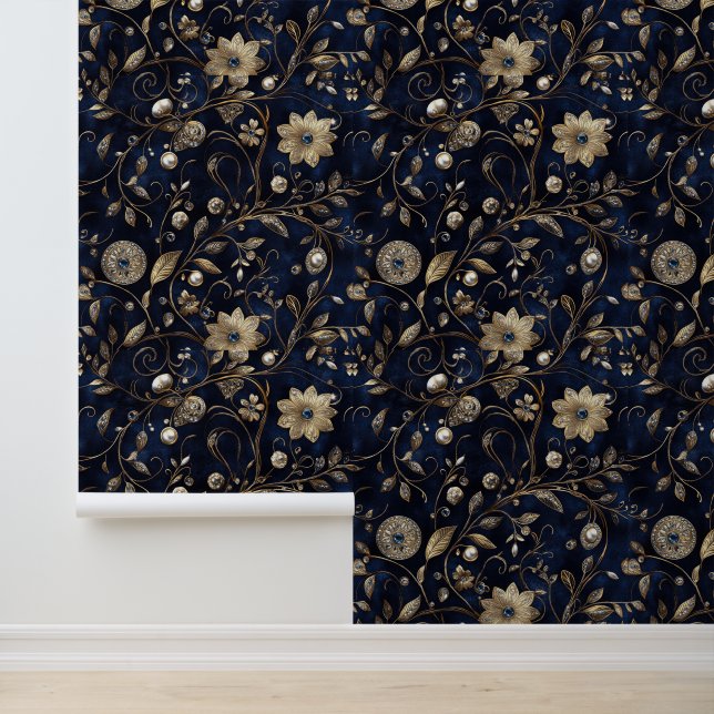 Navy Blue Gold Jewel Floral Tapete (Anwendung)