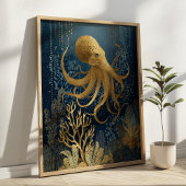 Navy Blue& Gold Kintsugi Octopus Underwater Poster