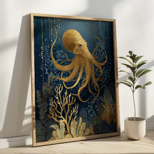 Navy Blue& Gold Kintsugi Octopus Underwater  Poster