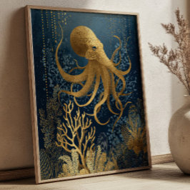 Navy Blue& Gold Kintsugi Octopus Underwater Poster