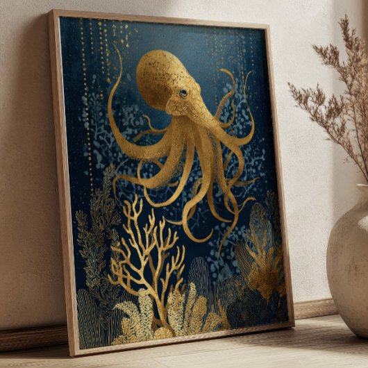 Navy Blue& Gold Kintsugi Octopus Underwater Poster