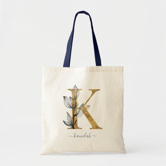 Navy Blue Gold Leaf Moderne Monogram Letter "K" Tragetasche (Vorne)