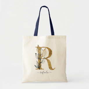Navy Blue Gold Leaf Moderne Monogram Letter "R" Tragetasche