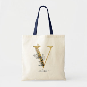 Navy Blue Gold Leaf Modernes Monogram Letter "V" Tragetasche
