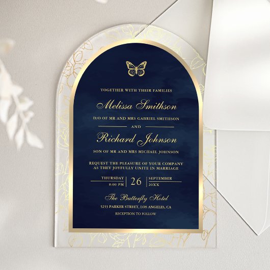 Navy Blue Gold Line Art Arch Butterfly Wedding Acryleinladungen