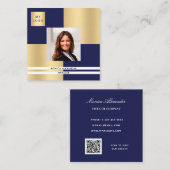 Navy Blue Gold Logo Foto QR Code Quadratische Visitenkarte (Vorne/Hinten)