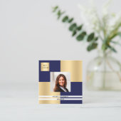 Navy Blue Gold Logo Foto QR Code Quadratische Visitenkarte (Stehend Vorderseite)