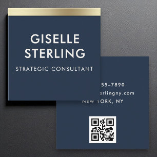 Navy Blue Gold Luxury QR Code Minimale Typografie Quadratische Visitenkarte
