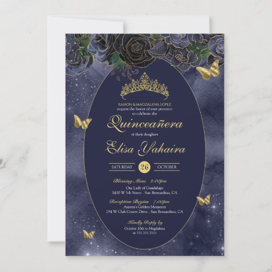 Navy Blue Gold Luxus Butterfly Quinceanera Einladung (Vorderseite)
