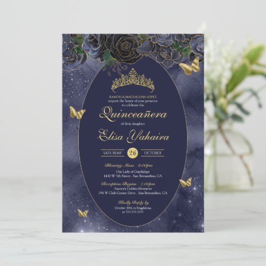 Navy Blue Gold Luxus Butterfly Quinceanera Einladung (Stehend Vorderseite)